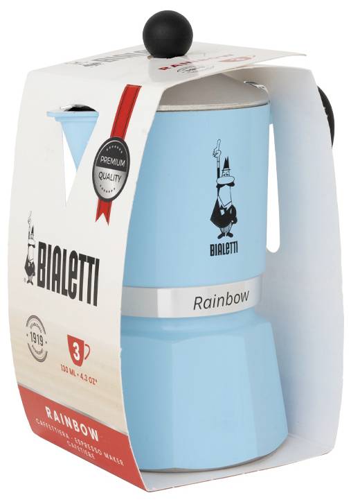 Modrý Bialetti Rainbow moka konvice zobrazený v obalu s pečetí 'Prémiová Kvalita'. Kapacita: 3 šálky (130 ml).