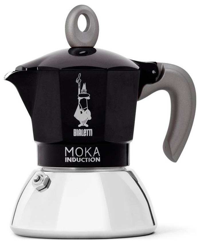 Černý a stříbrný moka kávovar na sporáku s rukojetí, označený nápisem 'Bialetti Moka Induction', s malým logem nad textem.
