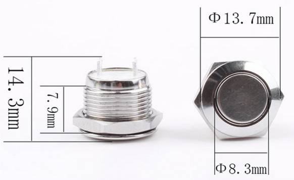 Kovový spínač se šestihrannou maticí, zobrazený z boku a shora. Rozměry: výška 14,3 mm, šířka 13,7 mm nahoře, 8,3 mm dole.