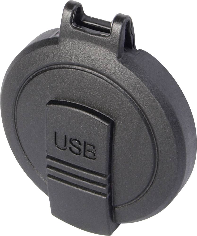 Černý kulatý plastový kryt s pantem, na kterém je napsáno 'USB'.
