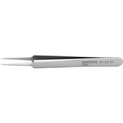 Pinzeta z nerezové oceli se špičatými konci, pohled z boku. Na povrchu je nápis 'Knipex 92 23 01 Titan'.