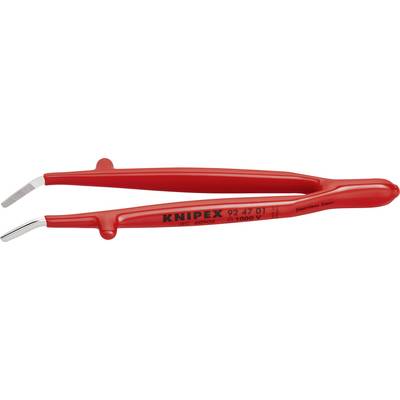 Červené pinzety KNIPEX s zahnutými hroty, izolované pro práci na živých částech do 1000 V. Vhodné pro elektrotechnické aplikace.