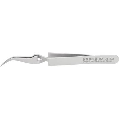 Stříbrná precizní pinzeta z nerezové oceli od Knipexu, pohled z boku. Údaje na pinzetě: 'KNIPEX 92 91 03 Premium Nerezová ocel'.