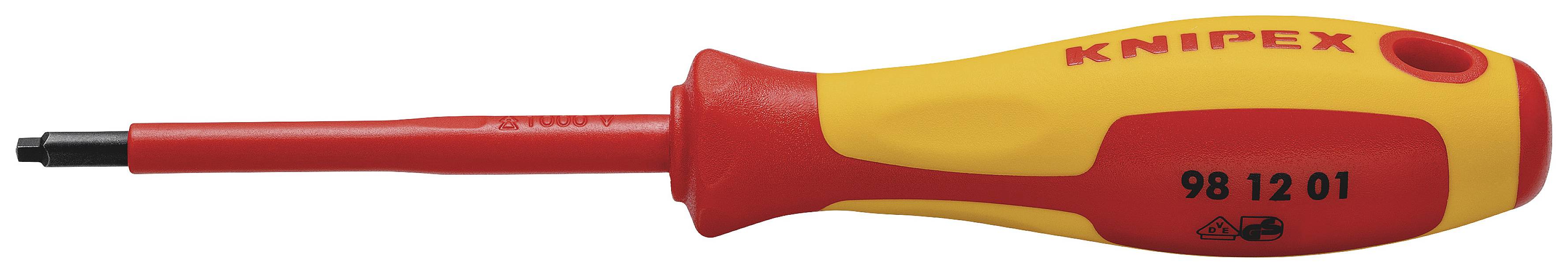 Izolovaný šroubovák s červeným a žlutým držadlem, značka 'Knipex'.