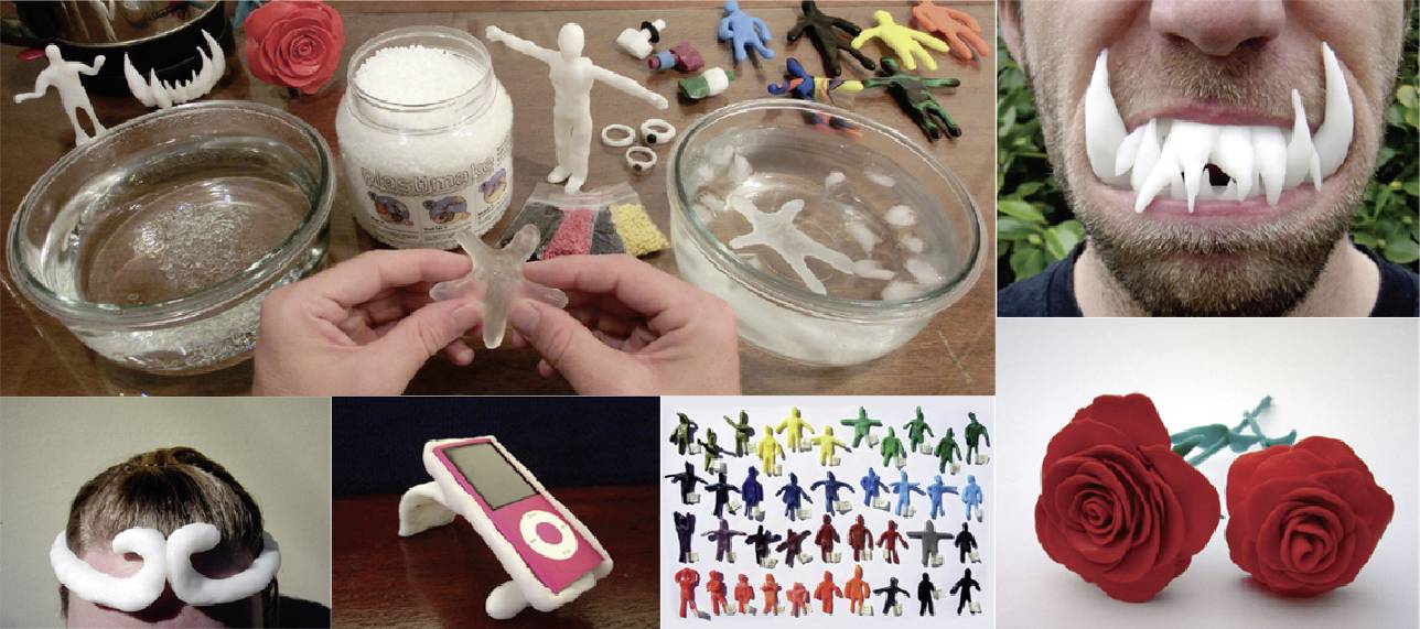 Koláž zobrazující bílé, ohebné figury a objekty, které lze ohýbat a tvarovat, ozdobené červenými růžemi.