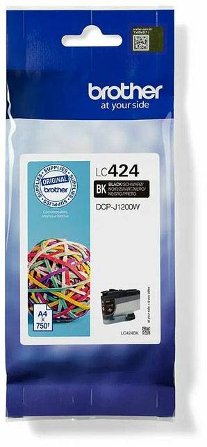 Inkoustová cartridge Brother LC424BK pro DCP-J1200W, černý inkoust, balení zobrazuje barevný gumový míček a obrázek tiskárny.