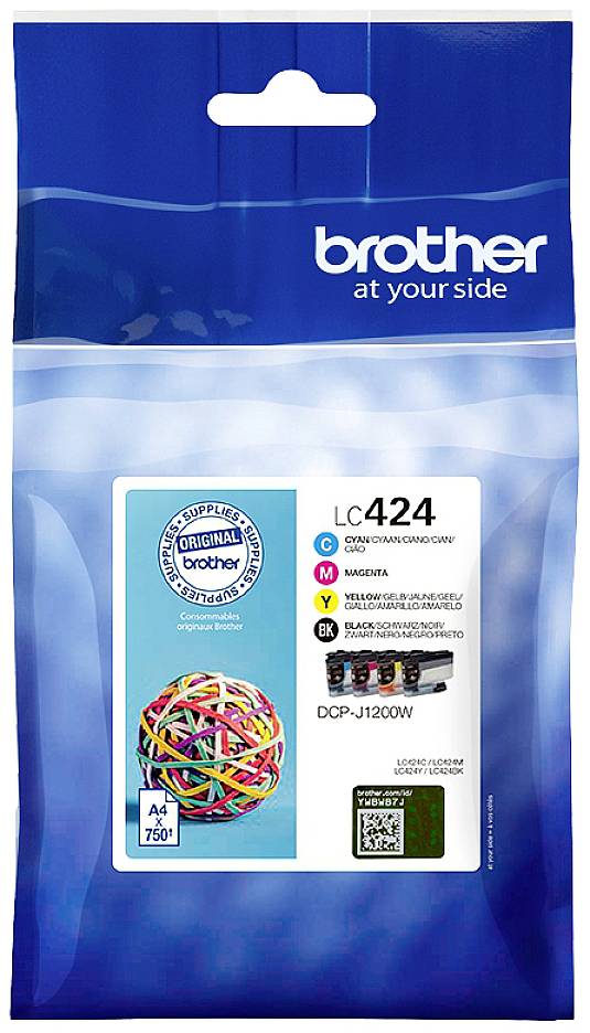 Inkoustová cartridge Brother LC424 pro DCP-J1200W, originál, 750 stran, na obalu zobrazuje barevné kancelářské sponky.