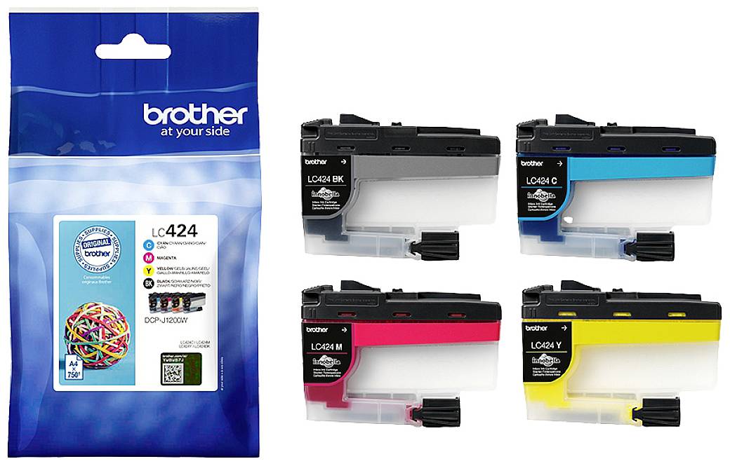 Čtyři inkoustové cartridge Brother v černé, azurové, purpurové a žluté barvě vedle krabičky. Krabička zobrazuje logo Brother.