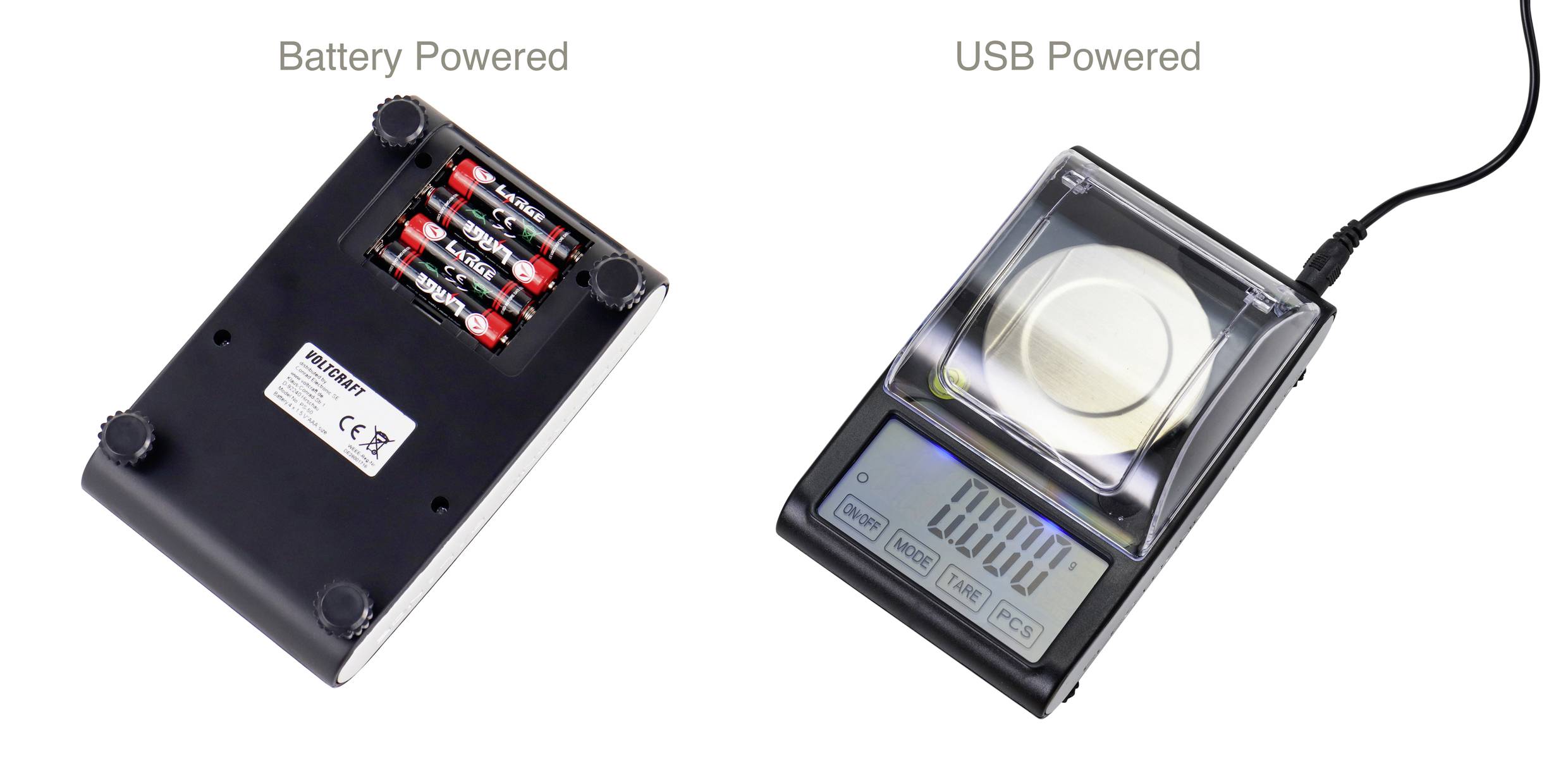 Obrázek zobrazující váhu napájenou bateriemi vlevo a podobnou váhu napájenou USB kabelem vpravo.