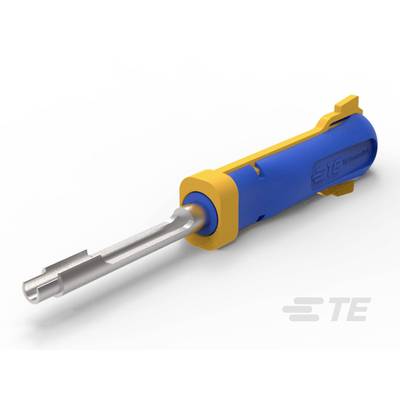 Modrý a žlutý elektrický konektor od TE Connectivity s kovovým kontaktem.