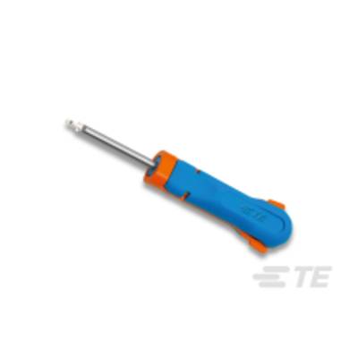 Šroubovák s modrým držadlem a oranžovým hrotem, vhodný pro mechanické práce, na bílém pozadí.
