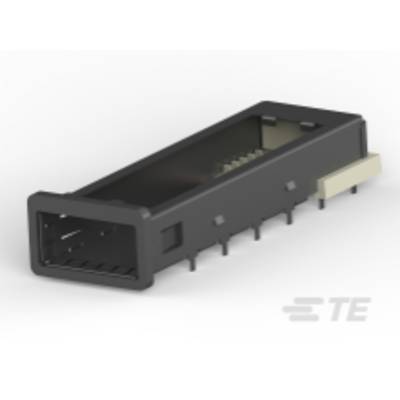 Elektronický konektor, perspektivní pohled. Černé pouzdro, několik kontaktů viditelných.