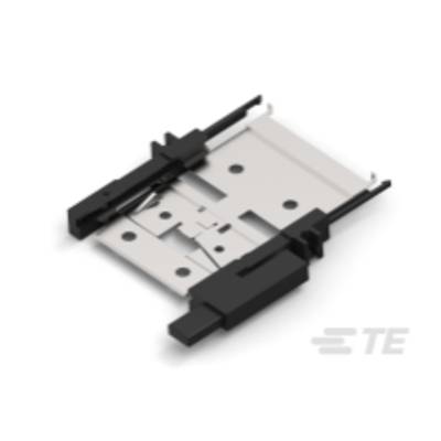 Elektronický konektor sestávající z obdélníkové ploché desky s otvory, propojený černými svorkami.