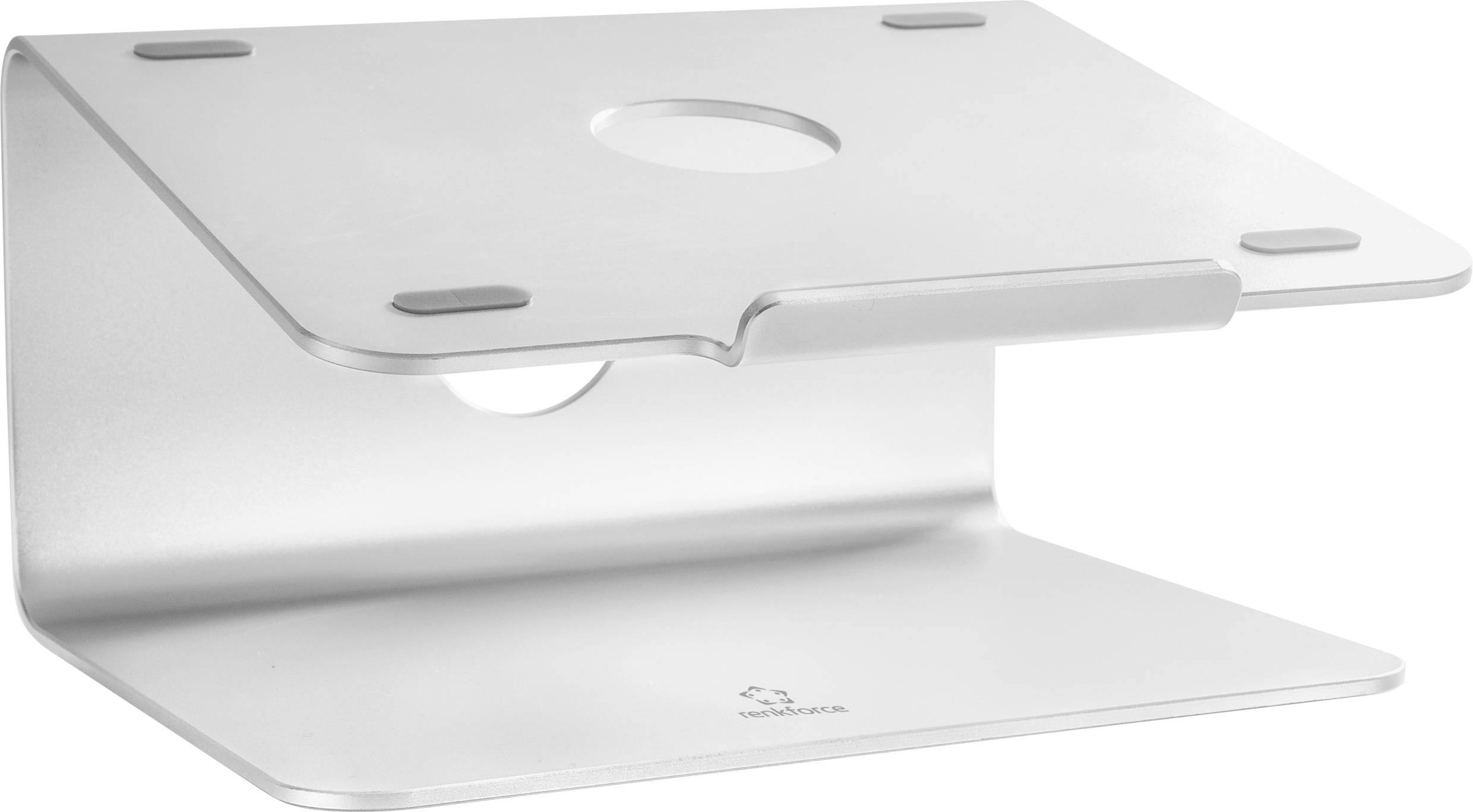 Ergonomický, stříbrný stojan na notebook z kovu s minimalistickým designem a otvorem pro vedení kabelů. Vhodný pro kancelářské stoly.