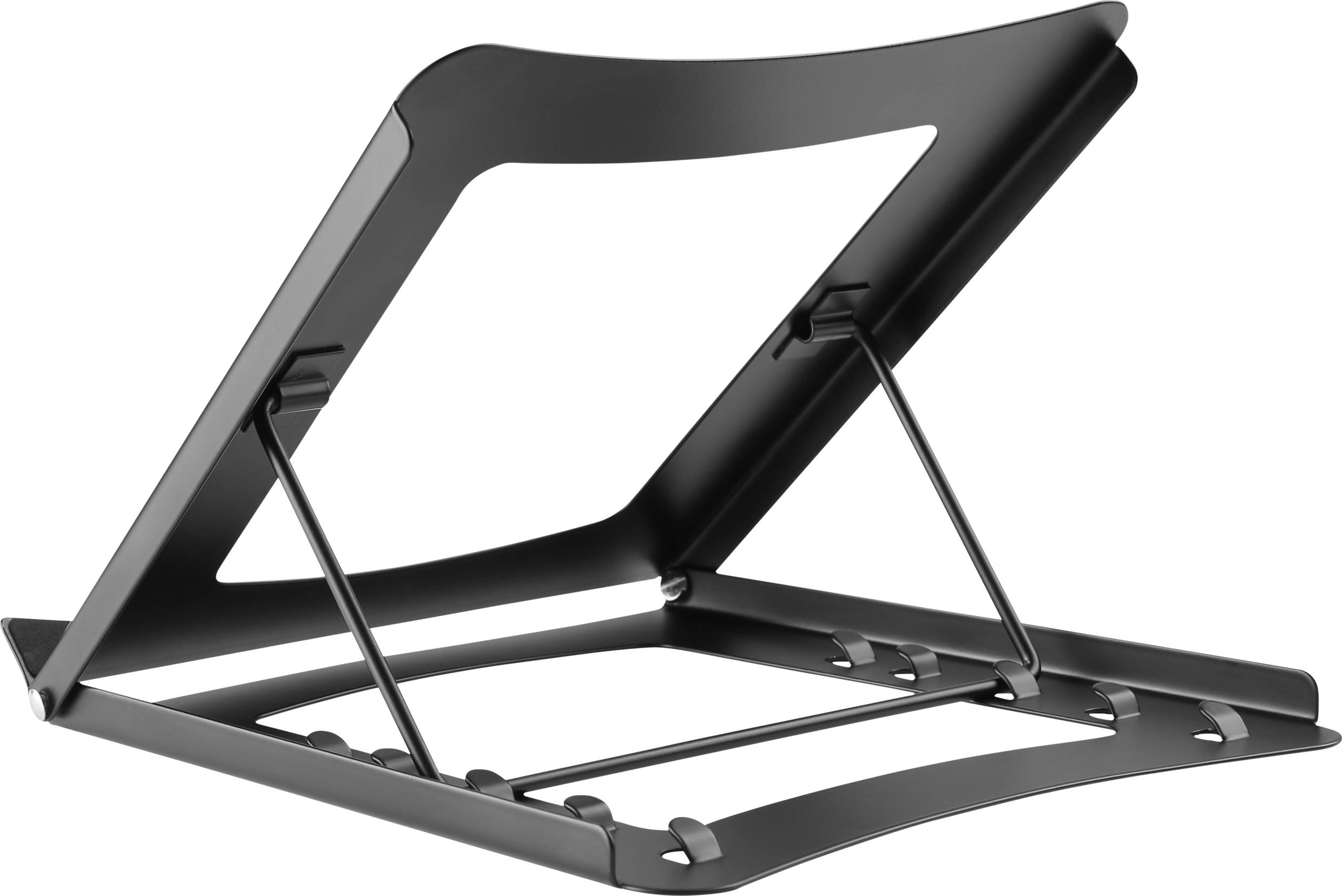 Kovový stojan na notebook s nastavitelným úhlem, úsporný design a protiskluzové gumové nohy pro stabilní uchycení.