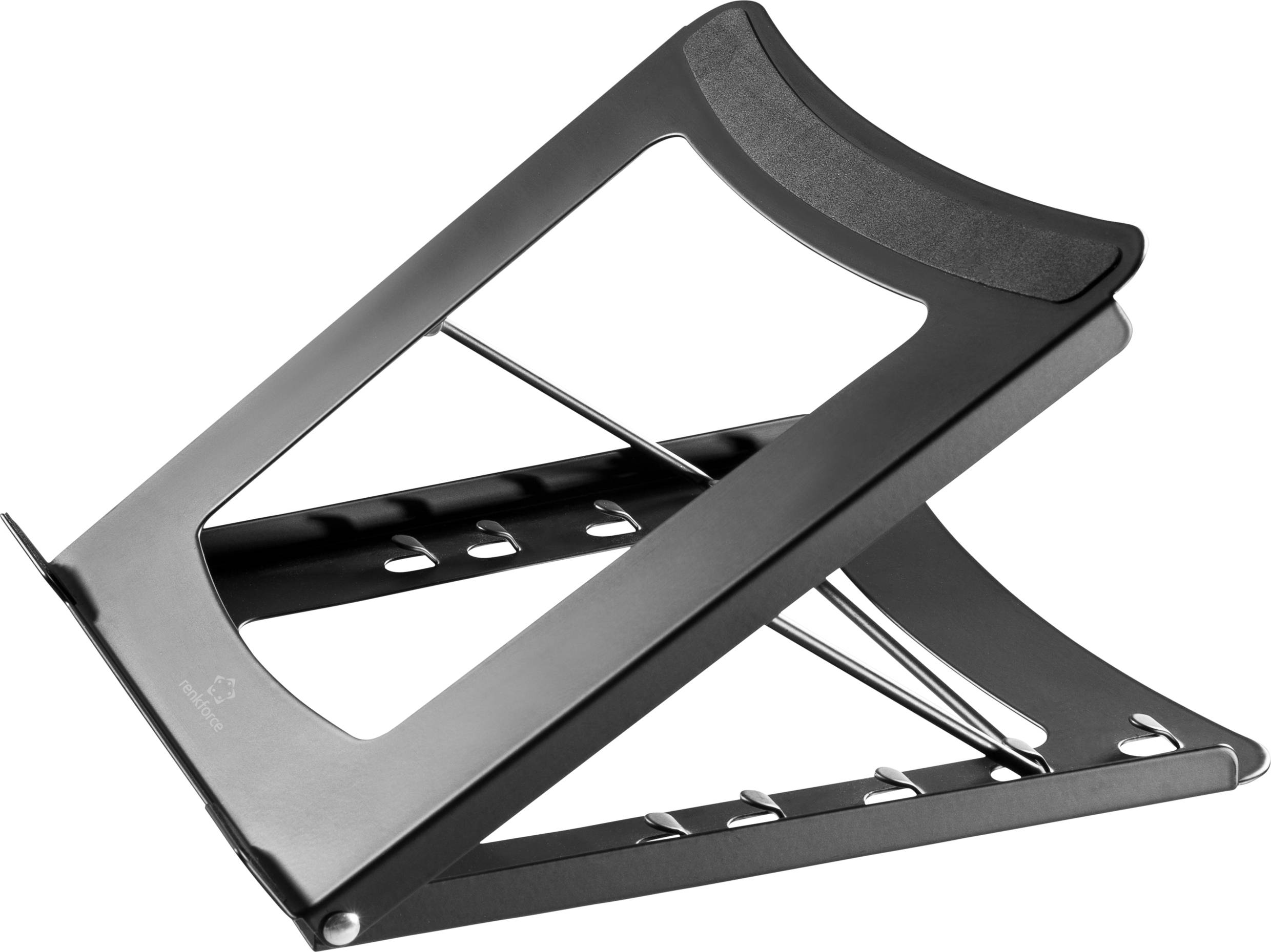 Černý skládací stojan na notebook s nastavitelnou výškou, vyrobený z kovu. Kancelářský doplněk pro ergonomické umístění notebooku.