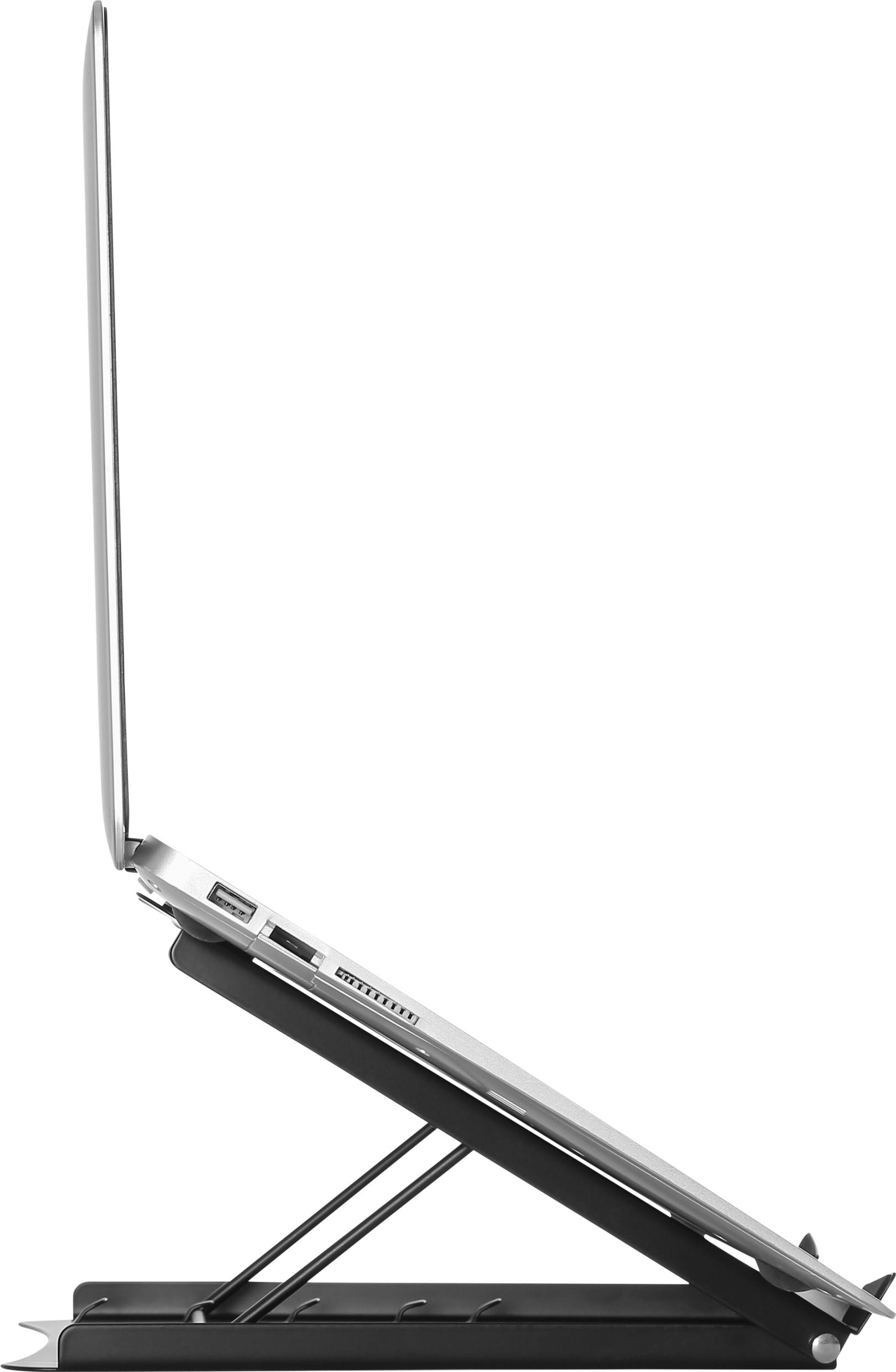 Notebook umístěný po straně na nastavitelném stojanu, který zvedá obrazovku do výše očí. Ideální pro ergonomickou práci.