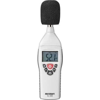 Digitální hlukoměr ukazuje hodnotu 52,1 decibelu. Přístroj je bílý s černou mikrofonní hlavicí.