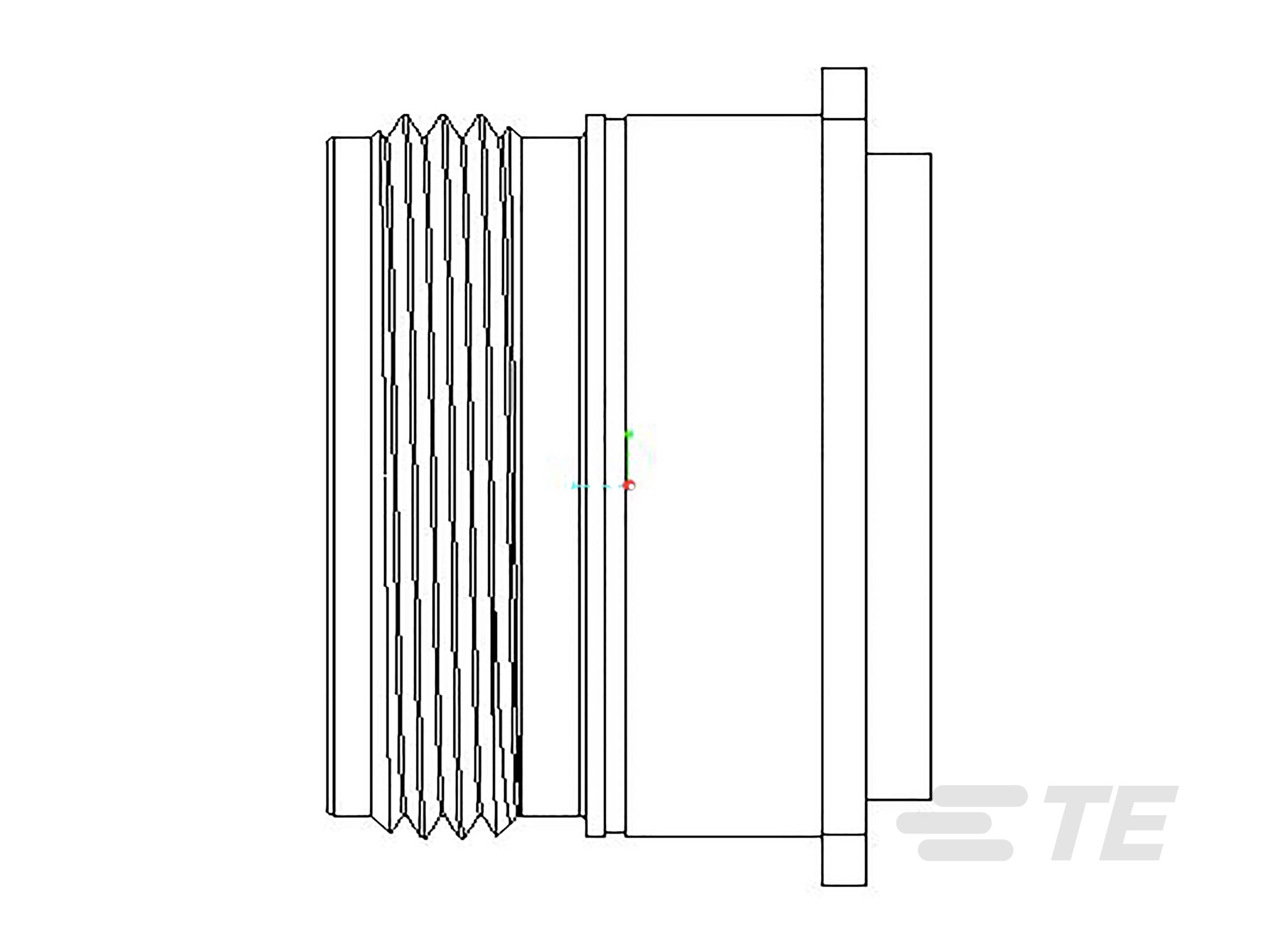 Diagram konektoru se závitem na levé straně a obdélníkovým přírubovým dílem na pravé straně. Logo TE v pravém dolním rohu.