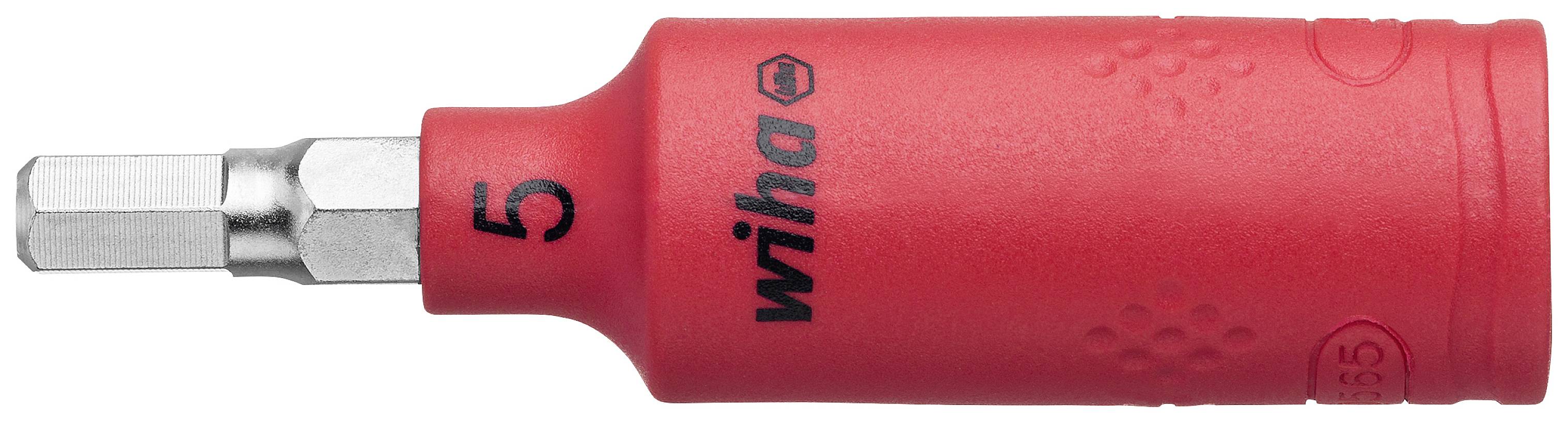 Červený nástroj s kovovým hrotem, označený štítky '5' a 'wiha'. Navržen pro přesnou práci se speciálními mechanickými komponenty.