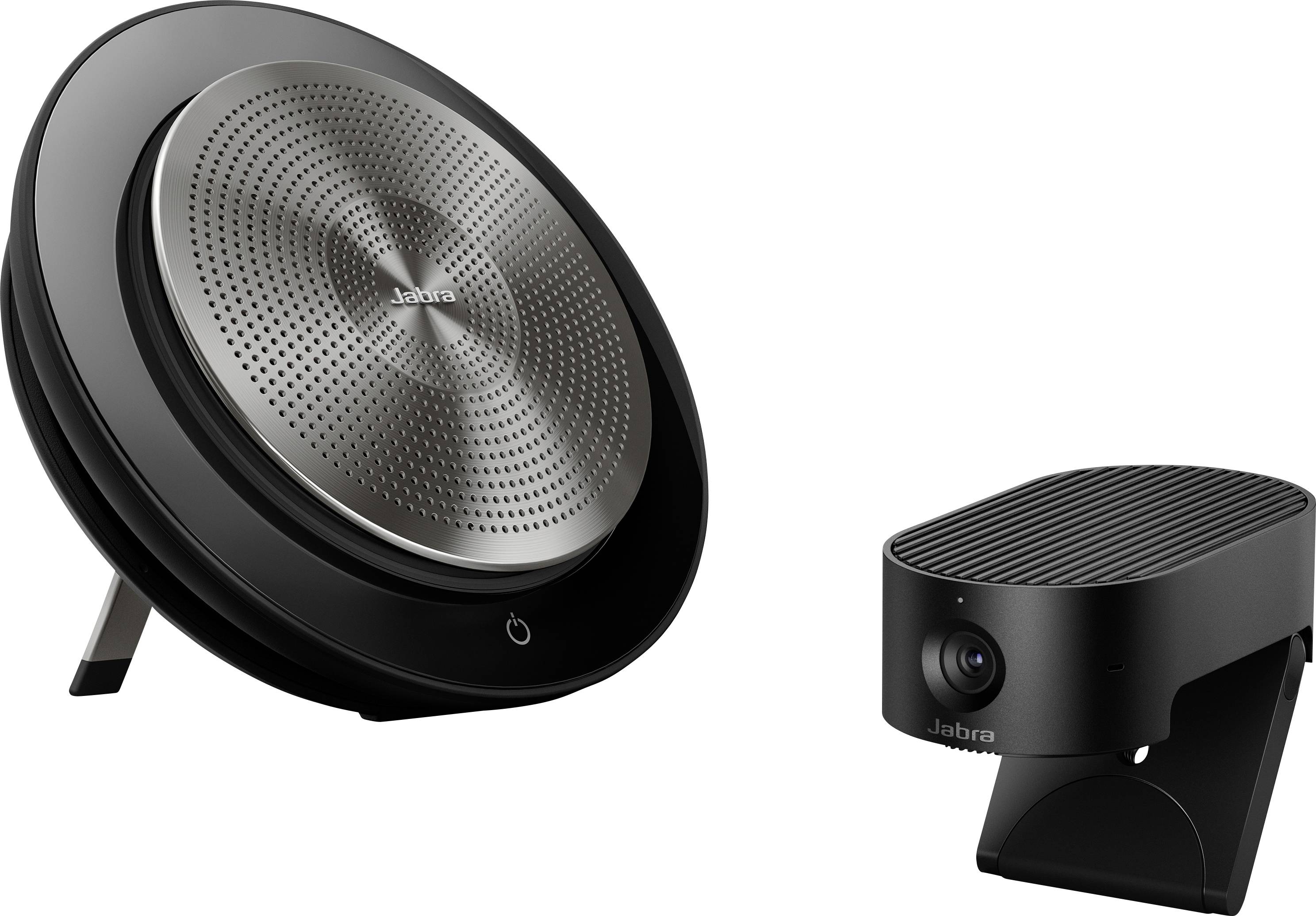 Konferenční reproduktor a kamera od společnosti Jabra. Reproduktor má moderní design a kamera je kompaktní.