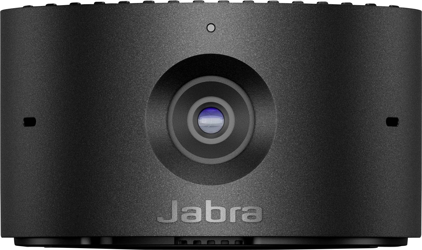 Černá webová kamera s nápisem 'Jabra' na přední straně, centrálně umístěným objektivem, minimalistického a moderního designu.