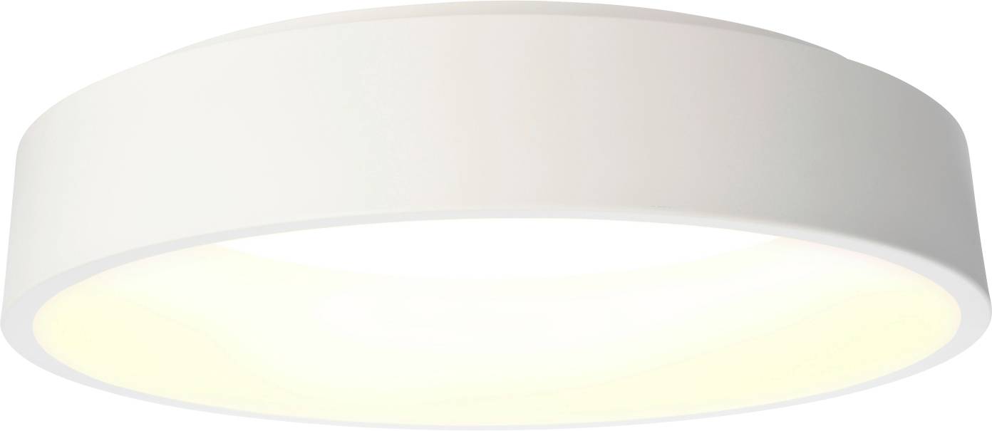 Kulaté, bílé stropní LED svítidlo s jednoduchým, moderním designem. Svítí teplým žlutým odstínem.