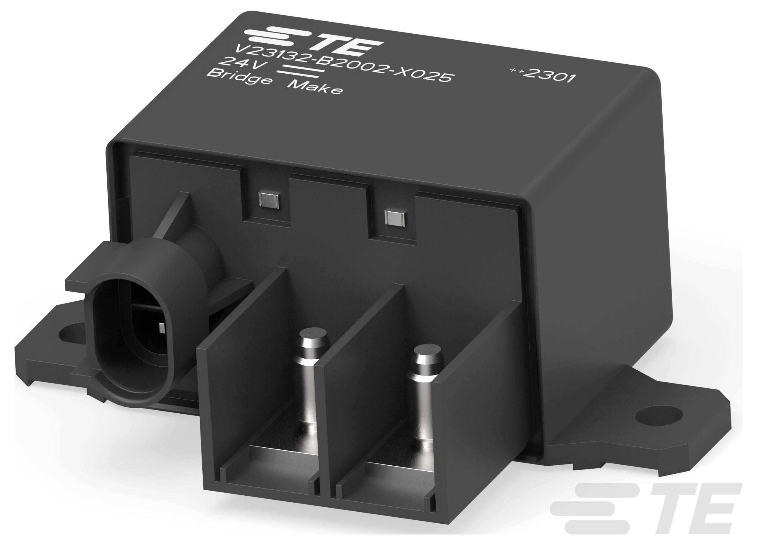 Modul relé TE Connectivity, model V23132-B2002-X025, 24V, se dvěma vstupními svorkami a konektorovým portem, označený 2301.