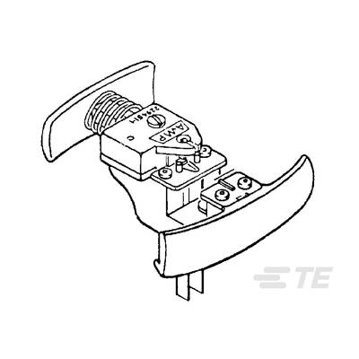 Ilustrace mechanického spínače s svorkami a pružinou, boční pohled. Technické schéma s logem TE.