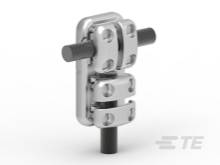 Kovová komponenta pro upevnění dvou rovnoběžných tyčí, stříbrné barvy, s montážními otvory pro stabilní uchycení.