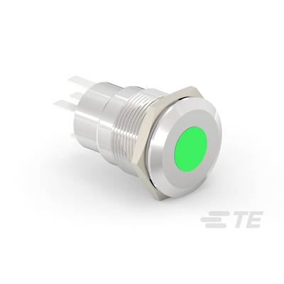 Kulatý stříbrný kovový spínač se zářivě zeleným středem, připravený k montáži do elektronických zařízení. Logo značky v pravém dolním rohu.