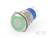 Kulatý kovový knoflík se zeleným světelným prstencem, vhodný pro elektronické obvody, s šroubovým uzávěrem a konektorovým připojením.