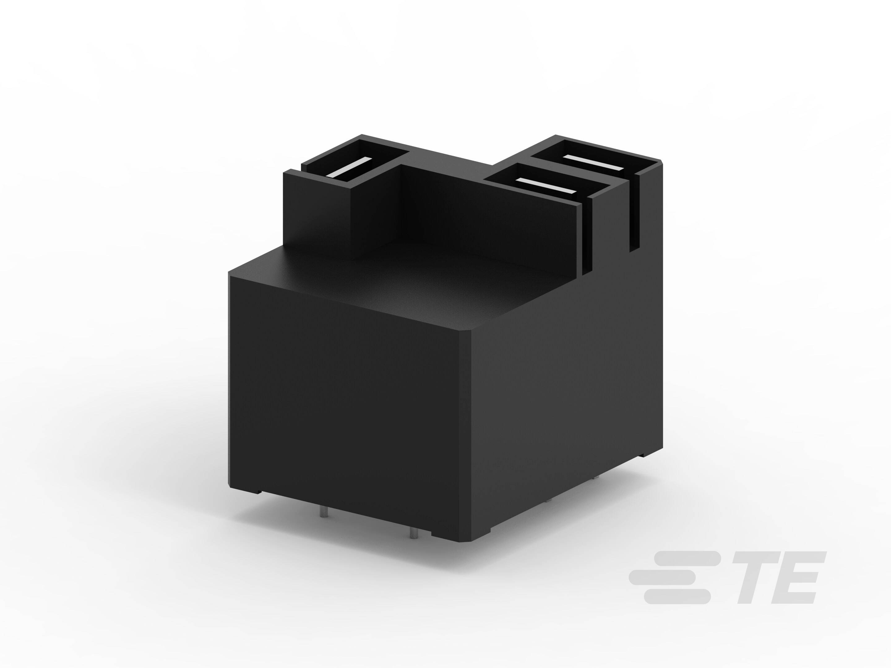 Černá obdélníková elektrická součástka, pravděpodobně konektor nebo kryt relé, na bílém pozadí.
