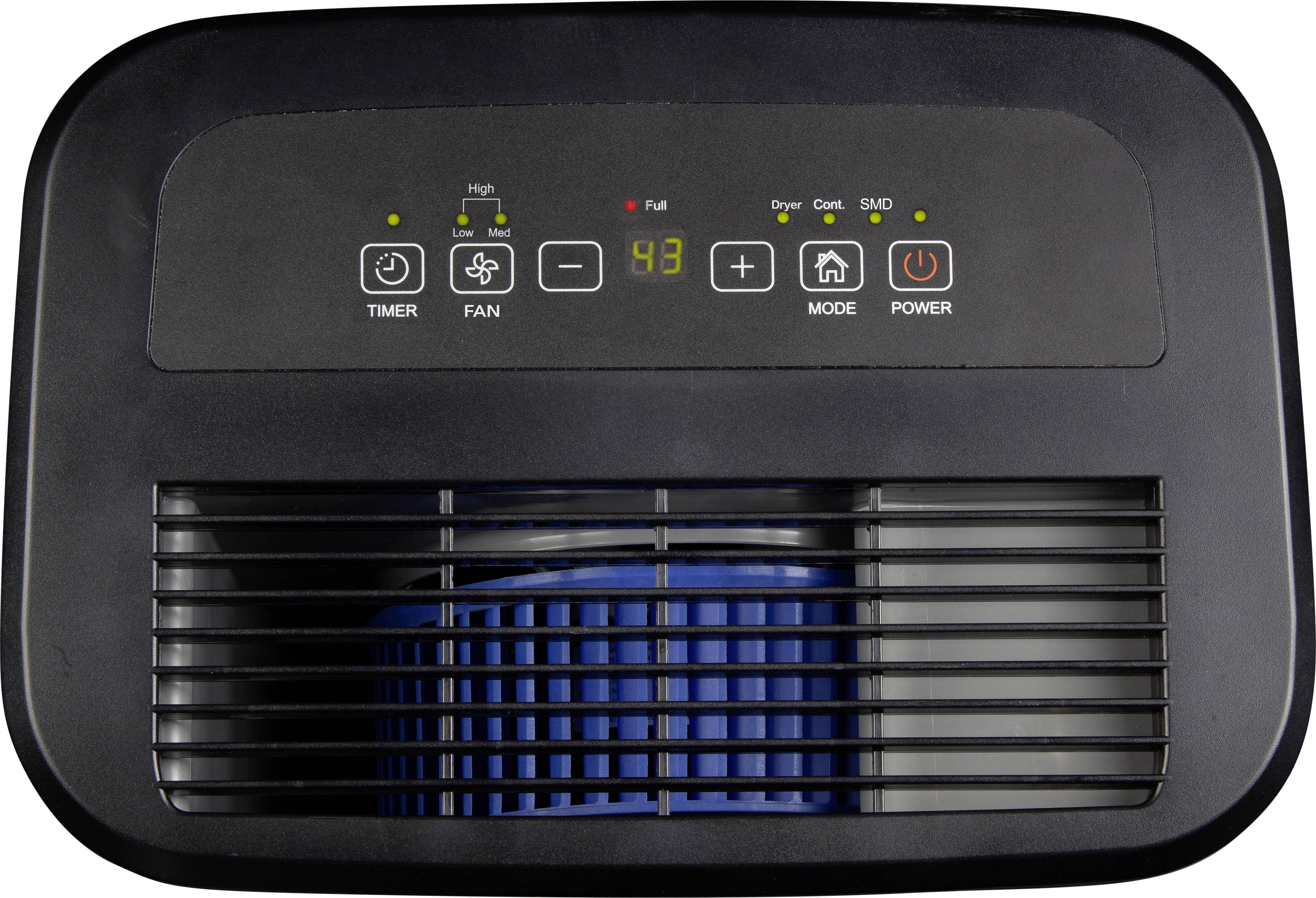 Ovládací panel odvlhčovače s indikačními světly pro 'Časovač', 'Ventilátor', 'Režim' a 'Napájení'. Displej ukazuje '43', ventilátor je v provozu.