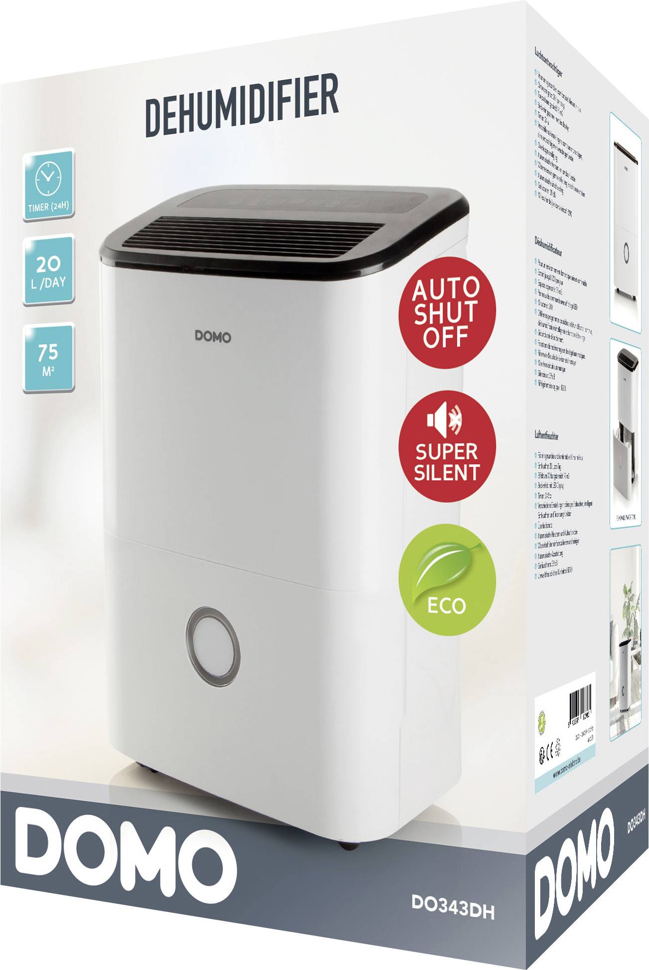 Odvlhčovač vzduchu Domo s kapacitou 20 l/den, vhodný pro prostory do 75 m². Funkce: Automatické vypnutí, Super tichý, Eco. Číslo modelu: DO343DH.