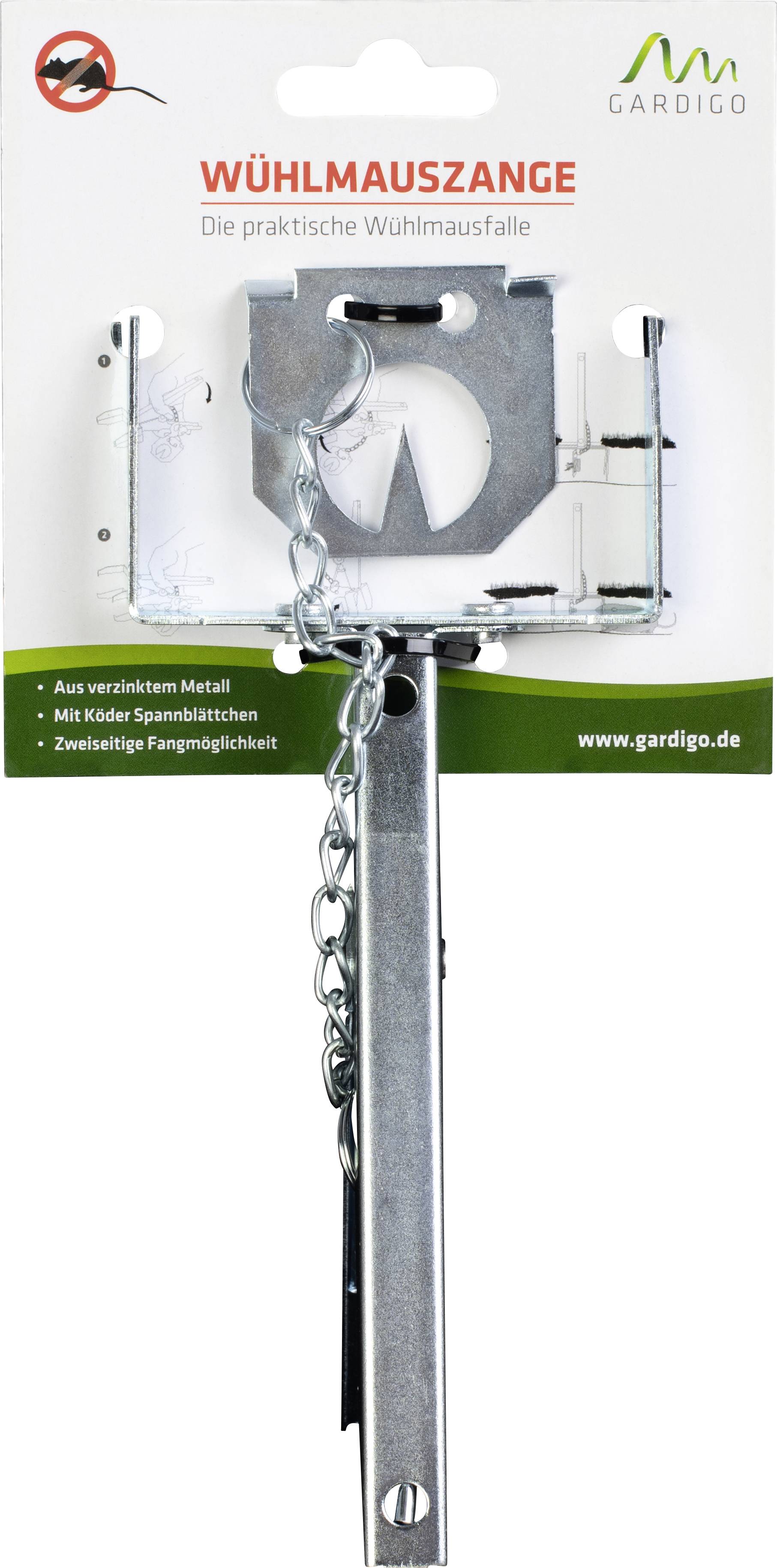Past na hraboše v obalu. Text 'Wühlmauszange' a 'Die praktische Wühlmausfalle' je zobrazen.