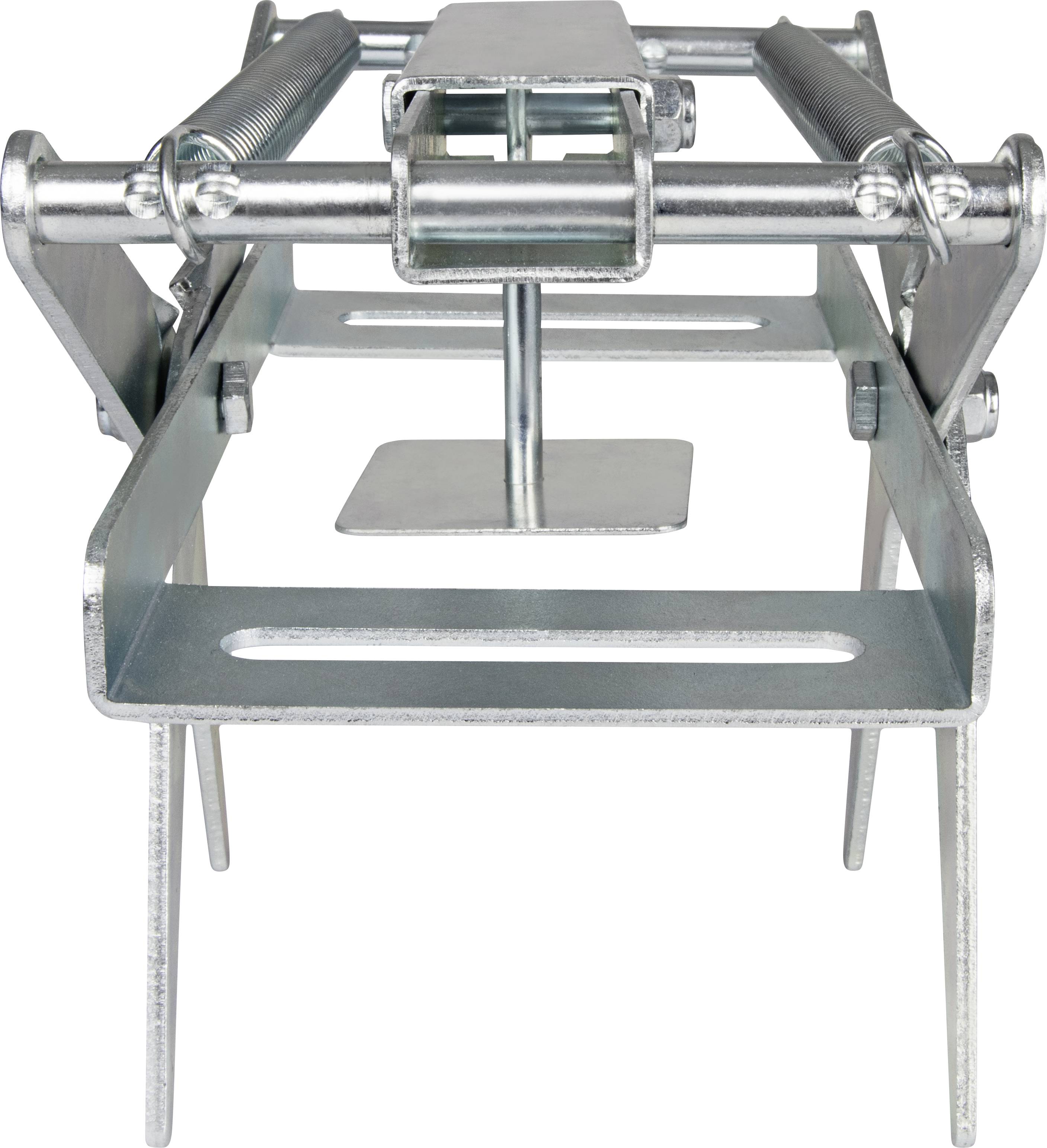 Kovská past se pružinami, vyrobená z lehké oceli. Má obdélníkový tvar a stojí na čtyřech nohách.