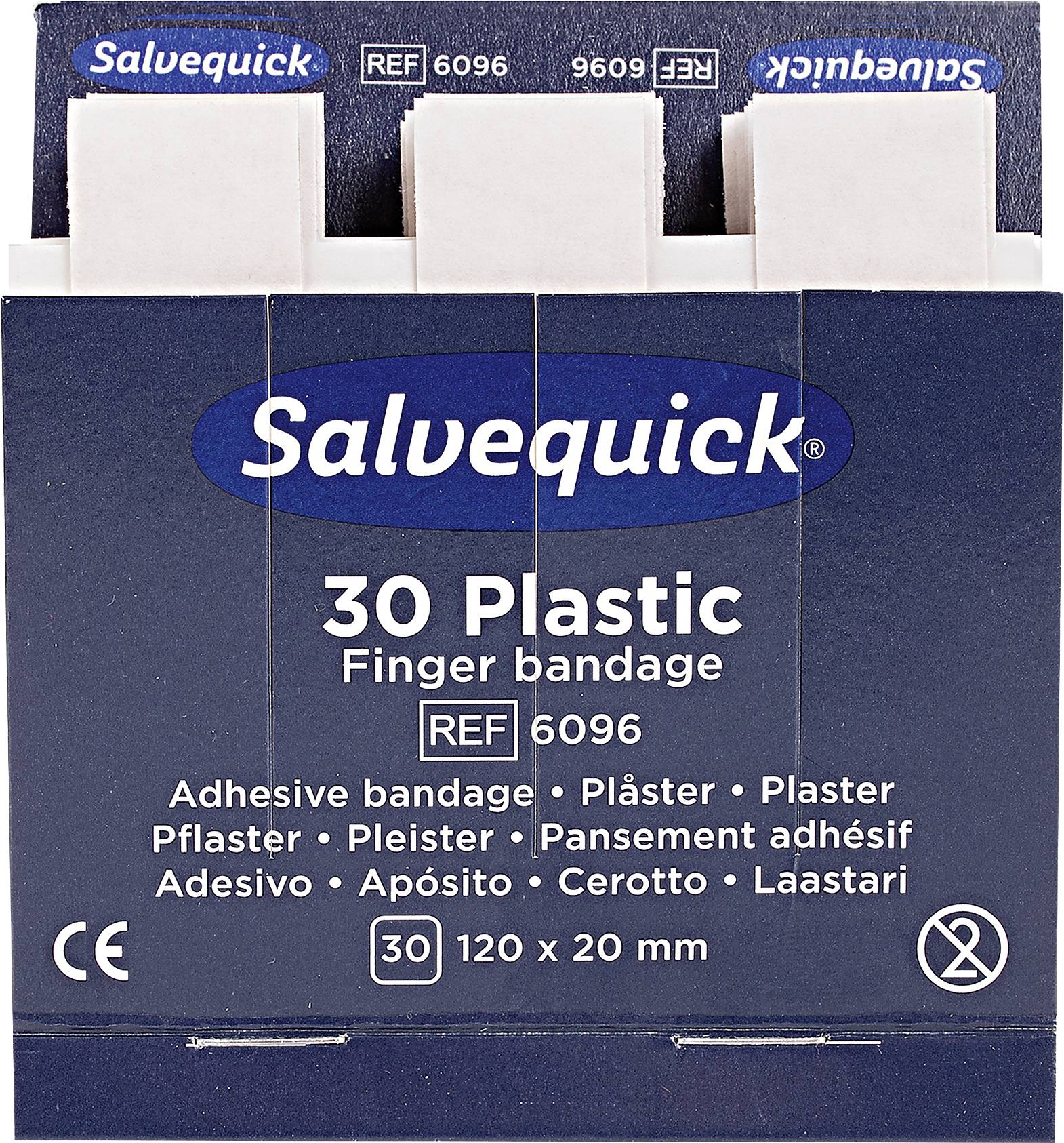 Modrá krabička s nápisem 'Salvequick 30 plastových náplastí'. Obsahuje 30 náplastí o rozměrech 120 x 20 mm.