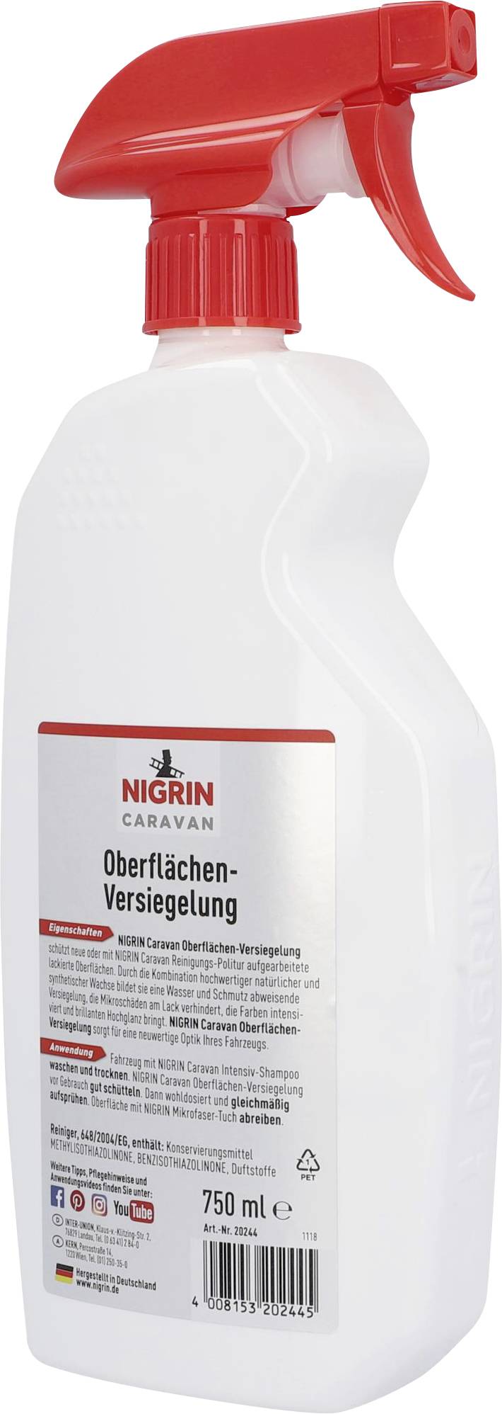 Sprejová láhev s červeným rozprašovačem a štítkem "Nigrin Caravan Povrchová ochrana, 750 ml".