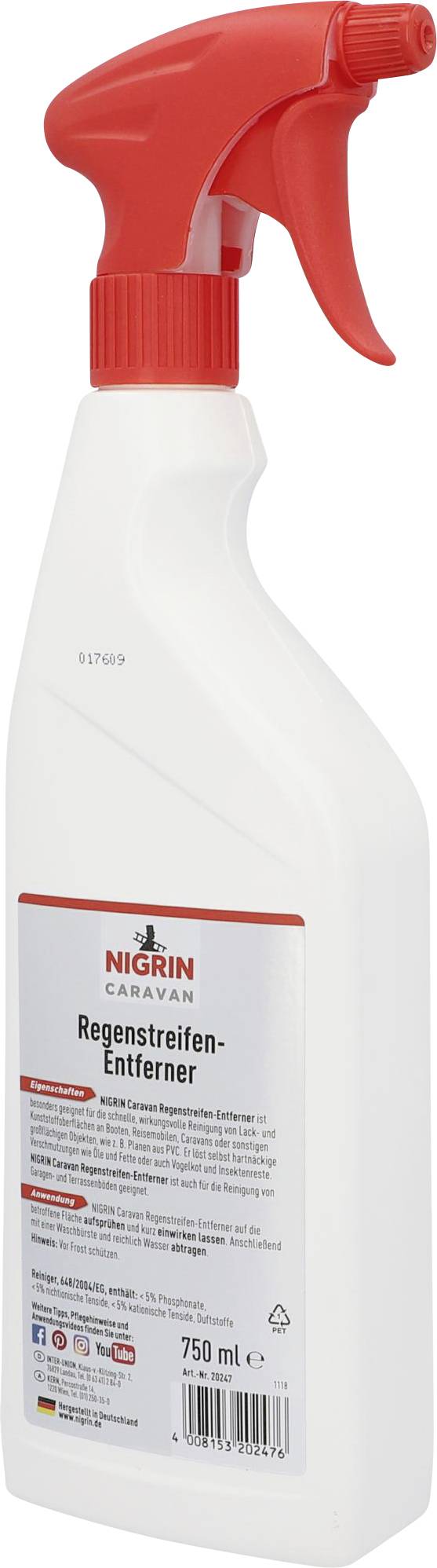 Bílá sprejová láhev s červeným rozprašovačem. Etiketa: 'Odstraňovač dešťových skvrn'. Značka Nigrin, 750 ml.