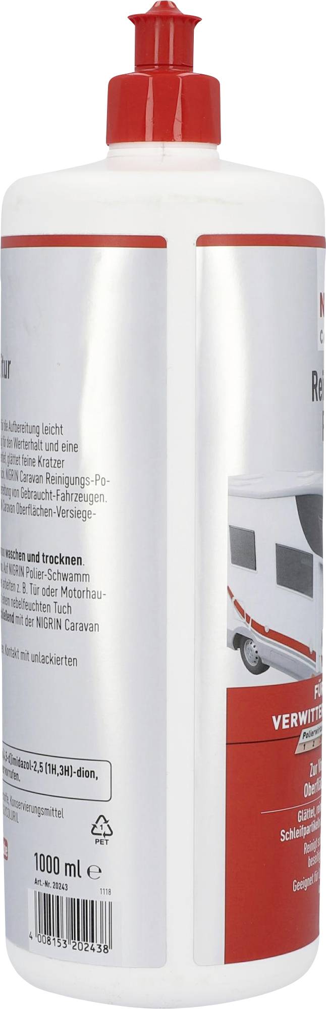 Plastová láhev s červeným víčkem, obsahuje čisticí prostředek. Etiketa zobrazuje bílo-červený obytný přívěs a text k použití produktu.