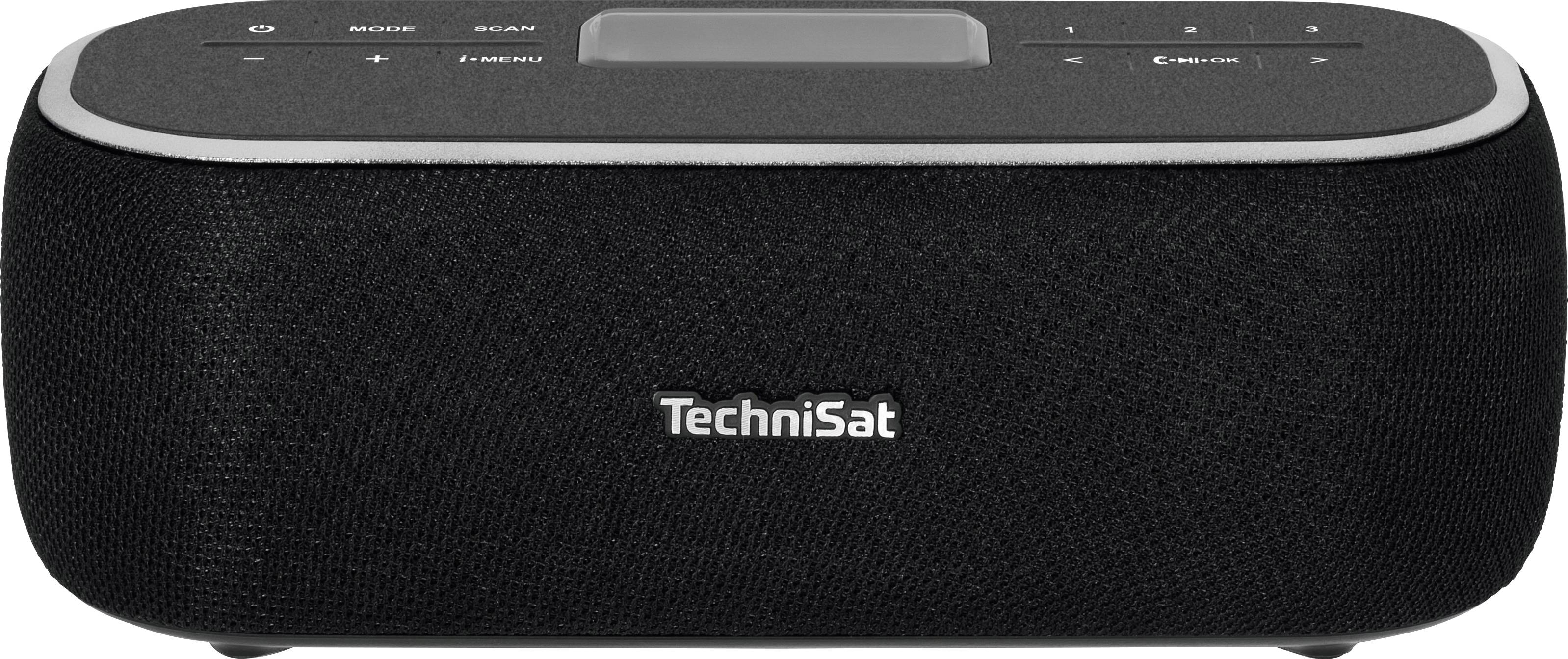 Černé rádio značky TechniSat s displejem a ovládacími tlačítky na horní straně, vhodné pro příjem digitálních rozhlasových stanic.