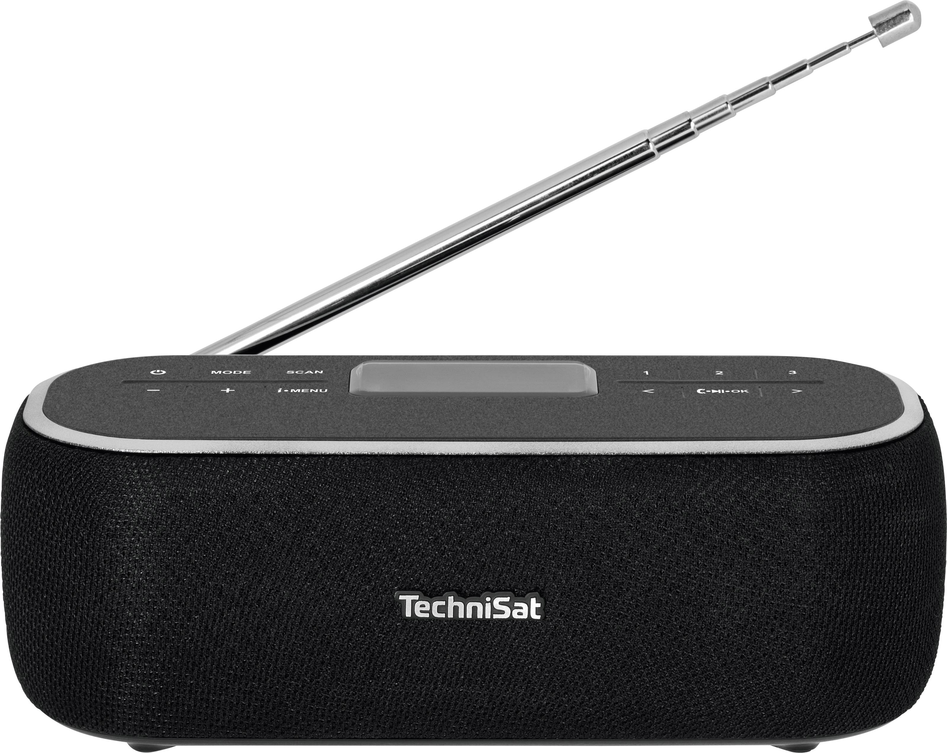 Černé přenosné FM/DAB/DAB+ rádio od TechniSatu s vysouvací anténou a ovládacími prvky na horní straně.