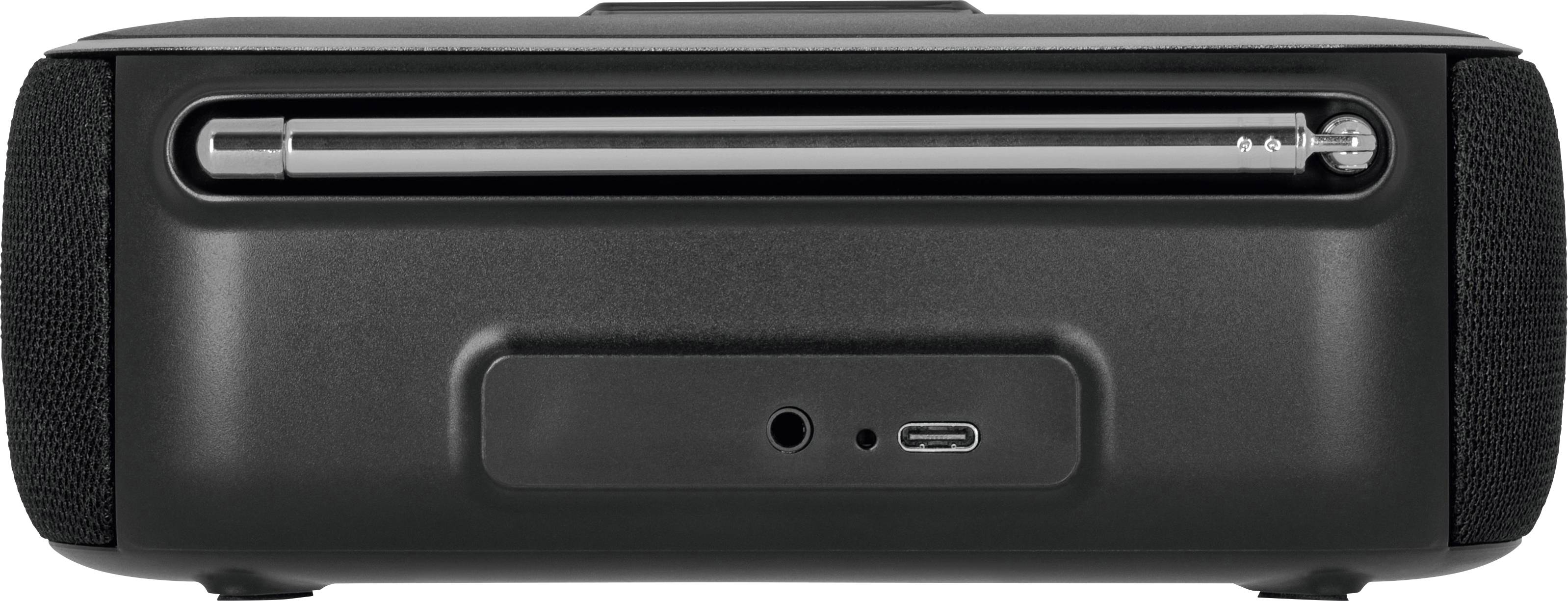 Zadní pohled na černý přenosný reproduktor s USB-C a AUX připojením.
