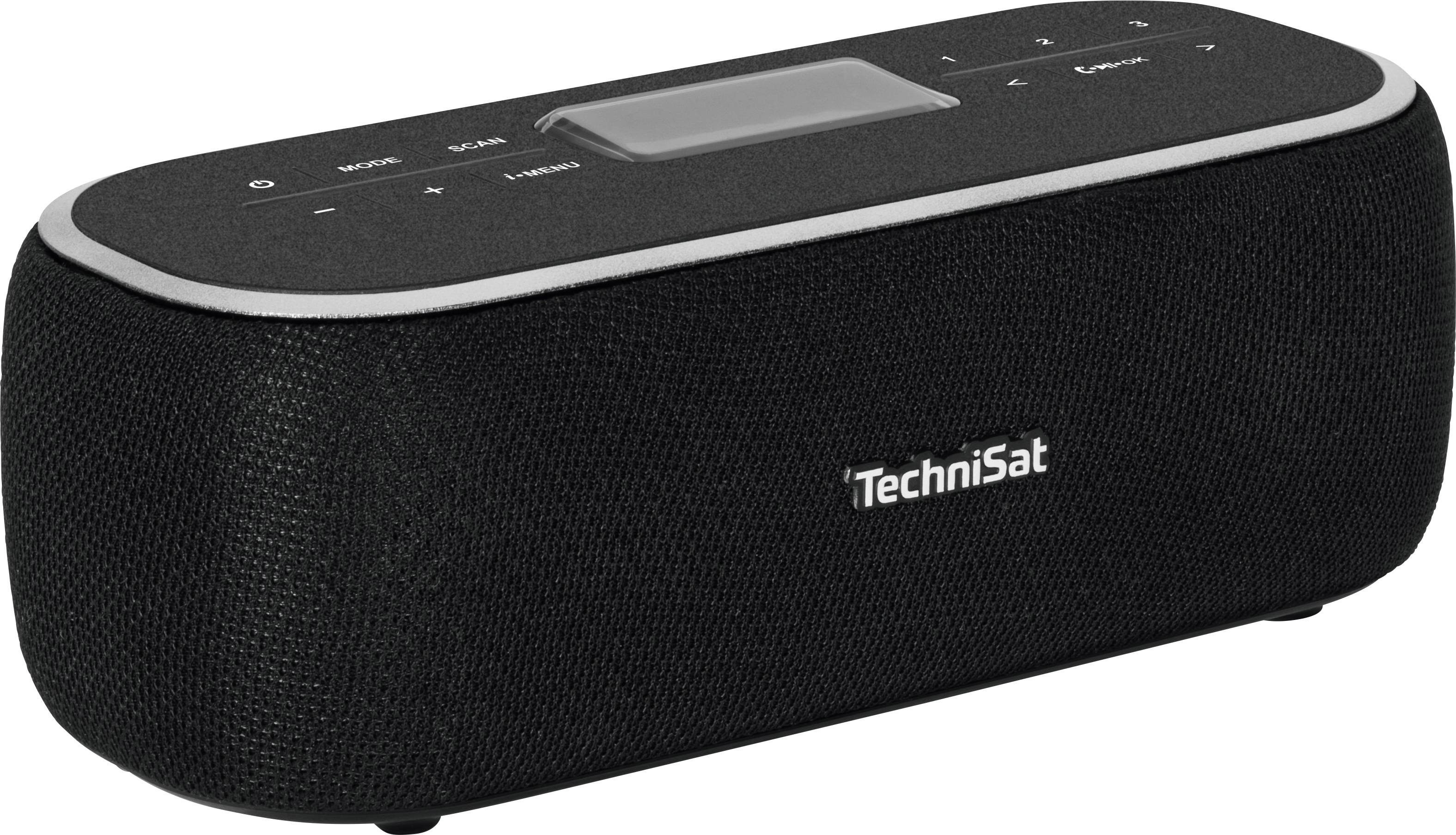 Černé rádio značky TechniSat s látkovým potahem obdélníkového tvaru. Na horní straně se nacházejí tlačítka a displej.