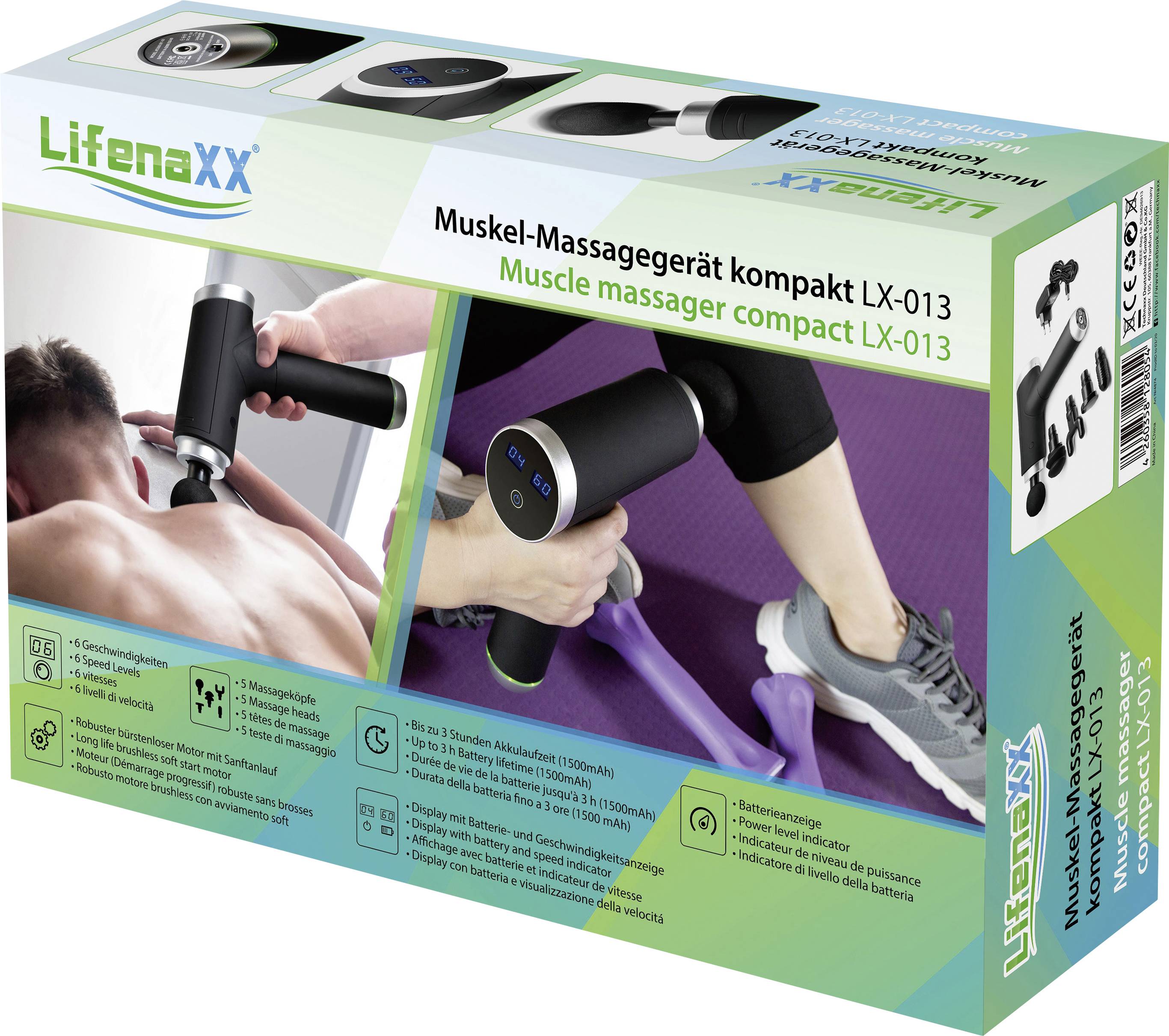 Kompaktní masážní přístroj na svaly LX-013 na obalu. Zobrazuje použití na zádech a noze. Obsahuje technické specifikace.