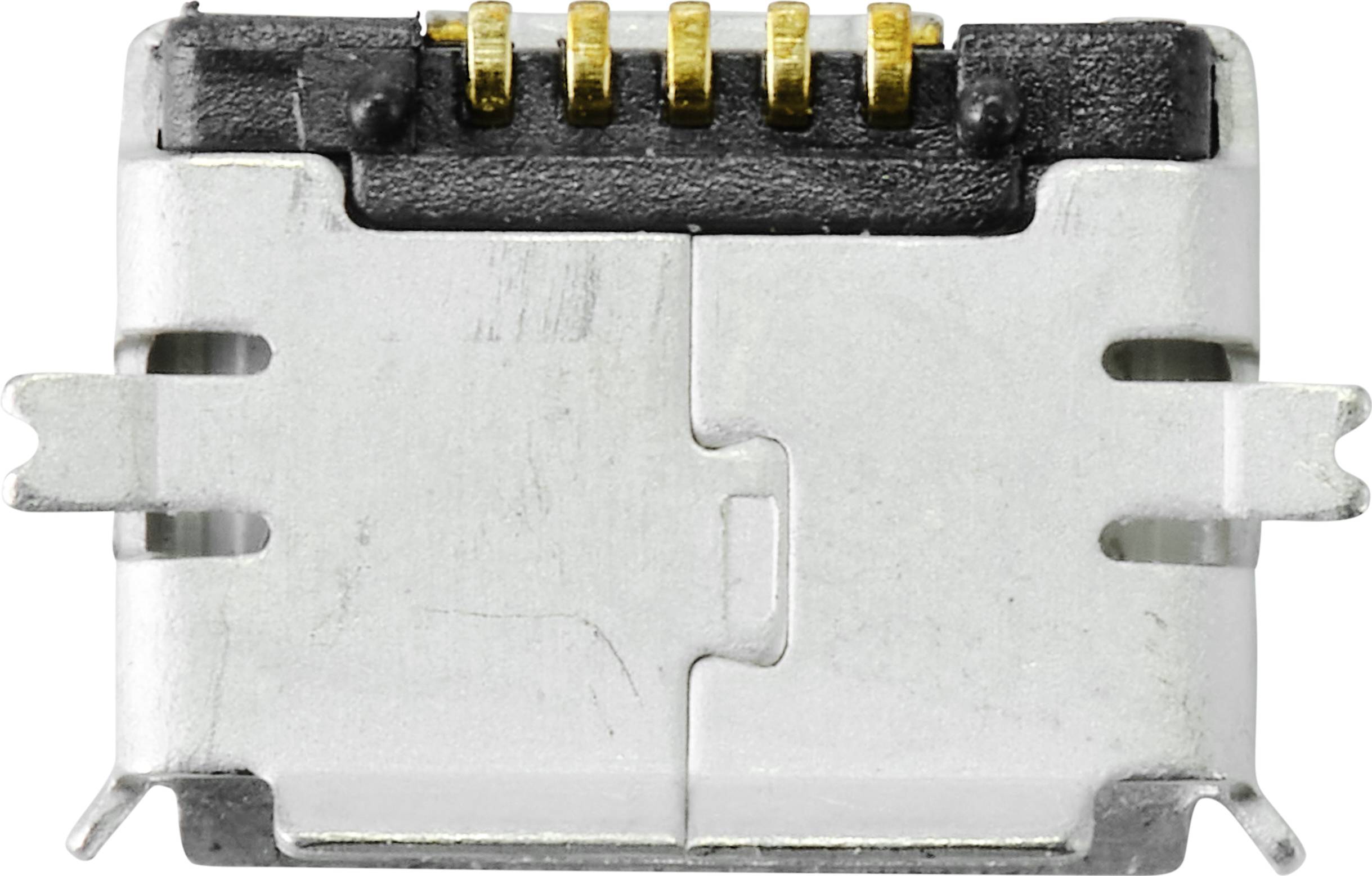 Kovový Micro-USB konektor s pěti zlatými kontaktními kolíky nahoře, viditelný zepředu.