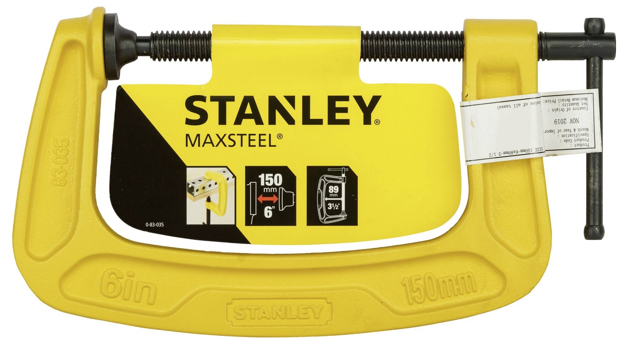 Žlutá svěrka "Stanley MaxSteel" z kovu, s rozsahem svírání 150 mm, s produktovou informací a obrázkem šroubového mechanismu na etiketě.
