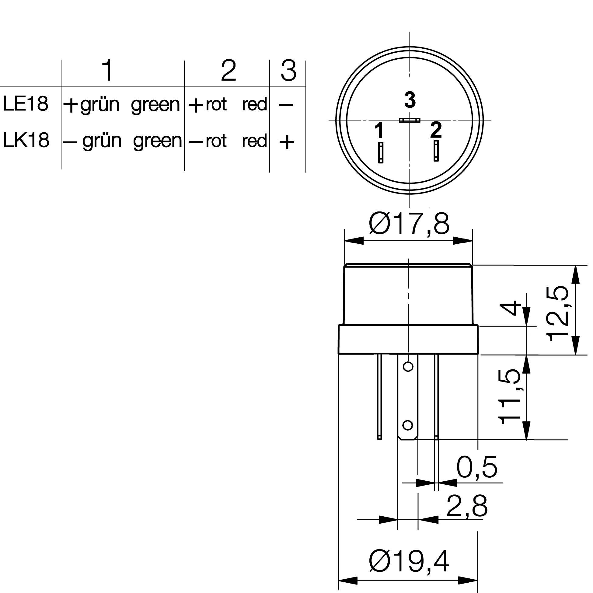 Technický výkres kulatého konektoru, jsou uvedeny detailní rozměry a osazení pinů, s průměrem Ø17,8 a Ø19,4.