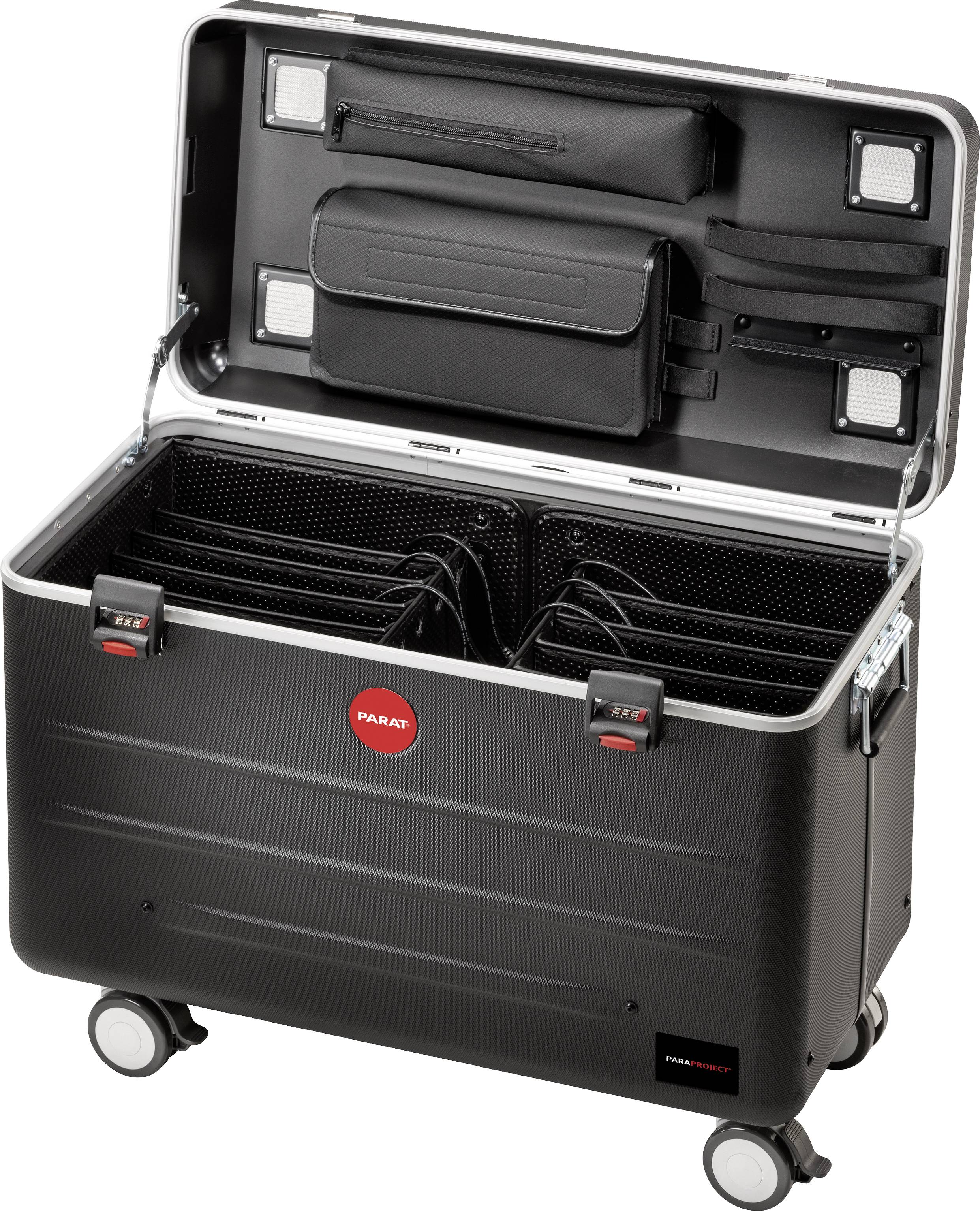 Černý kufr na kolečkách, otevřený, ukazuje několik přihrádek pro tablety a pomocnou kapsu v horní části víka.